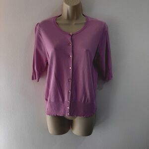 Ann Taylor Sweater Shirt L Crepe Knit Purple Pink Button Front Cardigan Ribbed